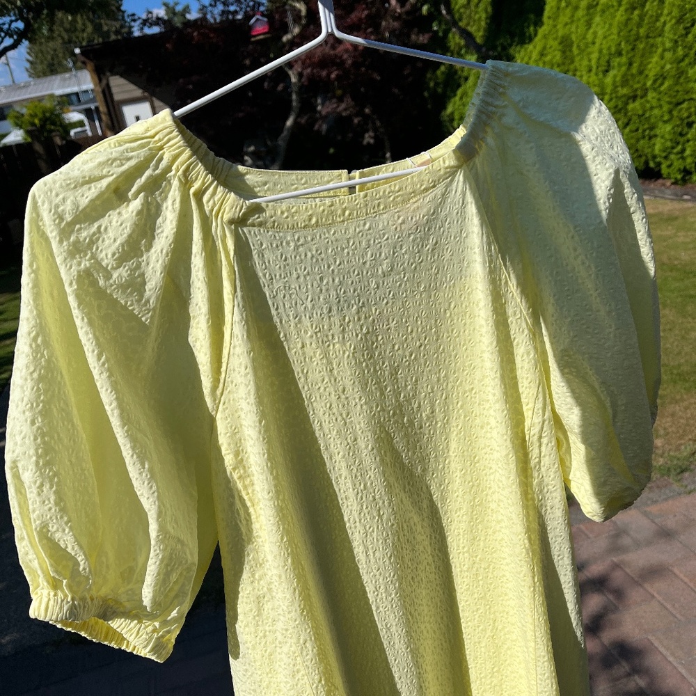 Butter yellow dress, Hana Hajima X Uniqlo, gathered sleeves, cotton, size L, NWT